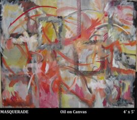 Abstract oil painting with vibrant reds, pinks, and grays on canvas.