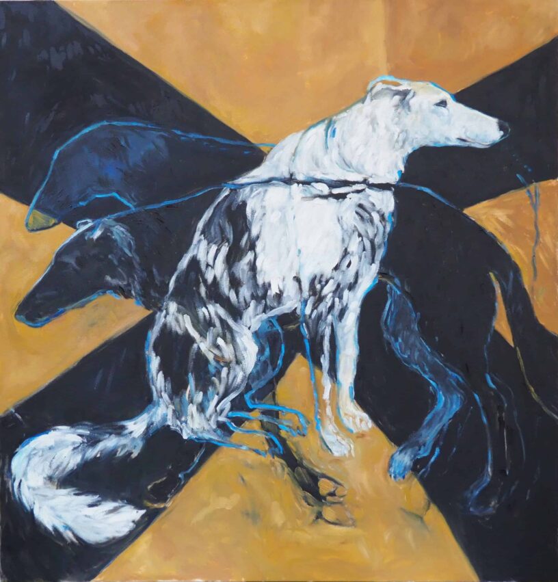 Artistic painting of three dogs with contrasting colors and abstract background.