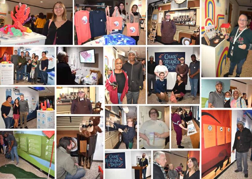 Art exhibition showcasing student work at PSC Graphic Design event.