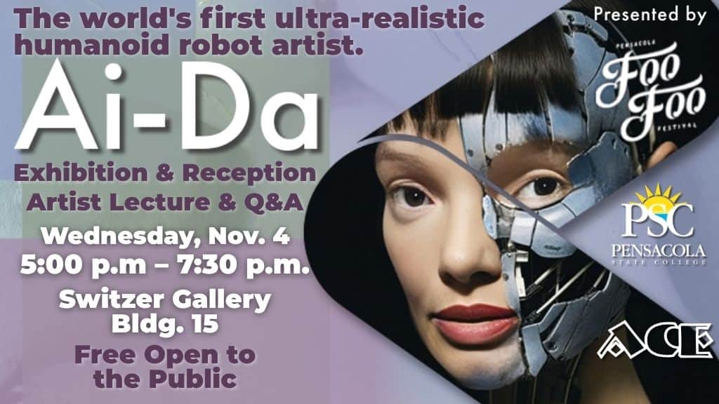 Decorative image of the Ai-Da Art Exhibition.